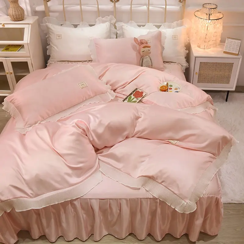 China Herstellung Warm Home Siebdruck Pink Striped Bad Sheet Baumwolle Quilt Bettwäsche Set Baumwolle Hotel