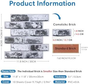 Comstickc 3d Zwarte Bakstenen Wandpanelen 10 Stuks 12 \ "X12 \" Klein Formaat Dunne Pvc <span class=keywords><strong>Whitewash</strong></span> Zelfklevende Nep Bakstenen Wandplaten - Product Image 4
