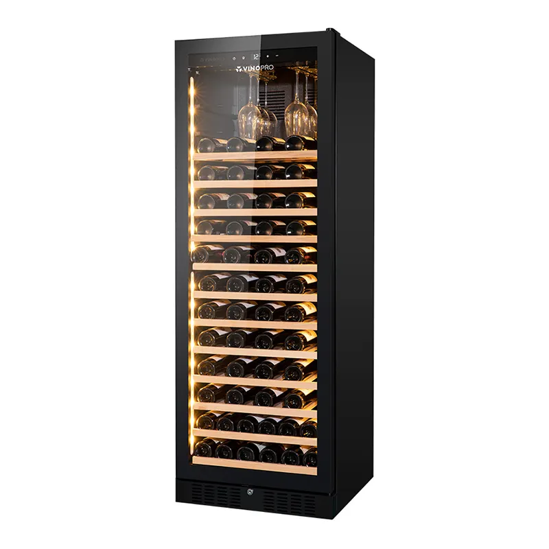 Compressor inteligente de zona única 330L para vinho, refrigerador de 108 garrafas com prateleiras de faia, fabricante de adega