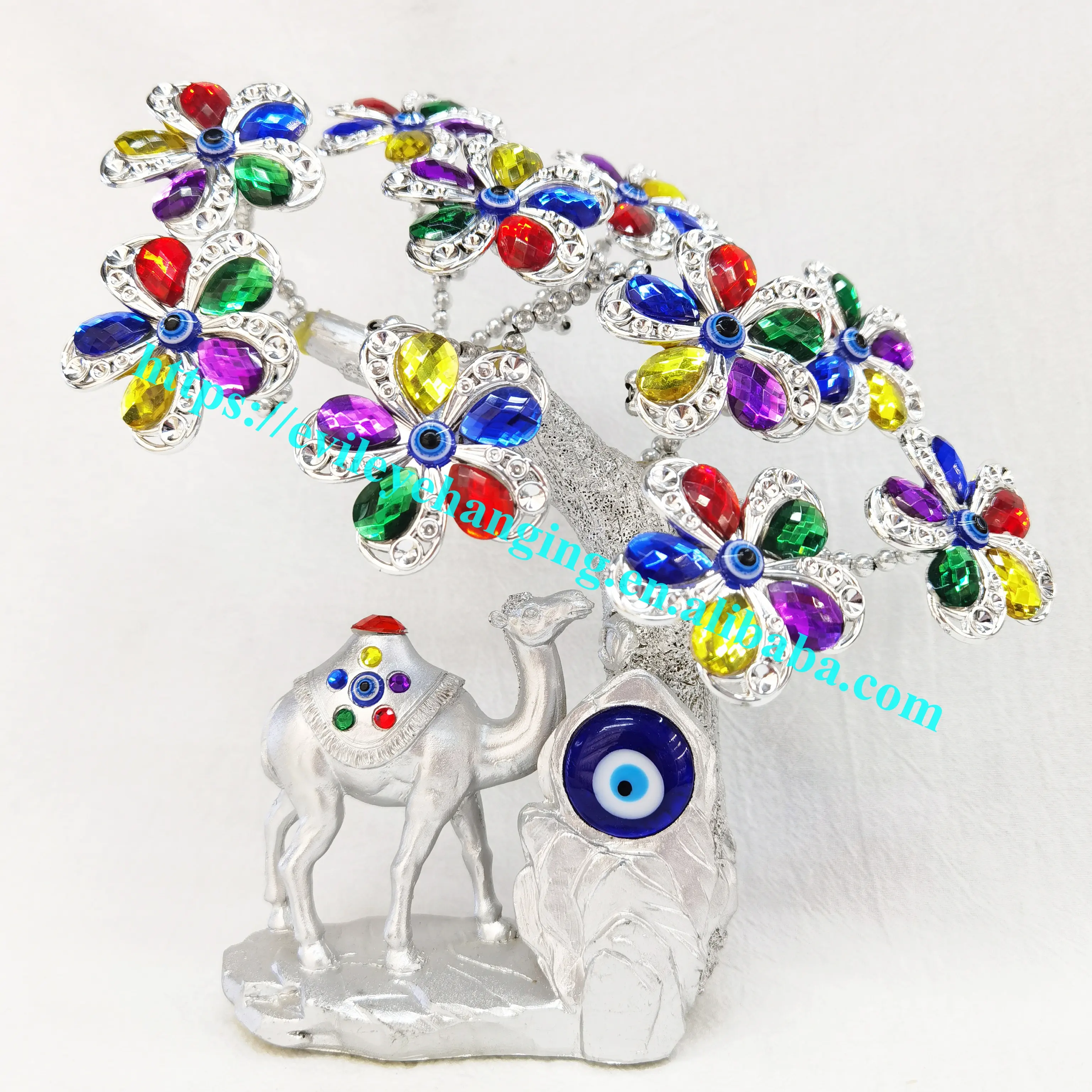 Blue Evil Eye Tree of Life with Colorfully Lucky Flowers Camel Ingenious Decoration Gift Resin Home Decor