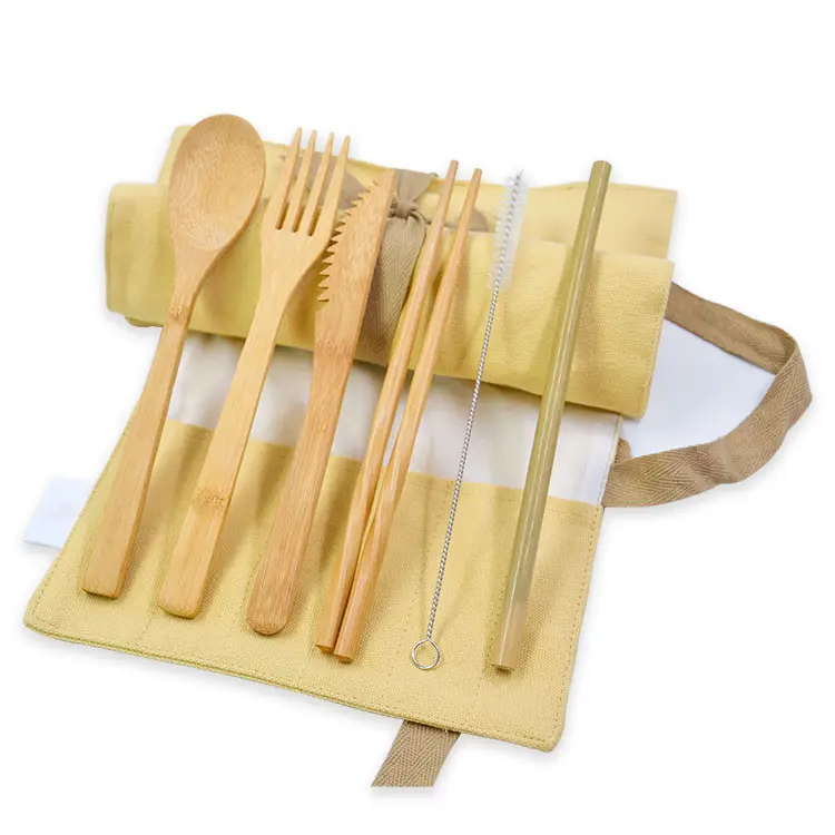 Juego de utensilios de bambú para comedor, juego de cubiertos de viaje con bolsa personalizada, cuchillo, tenedor y cuchara