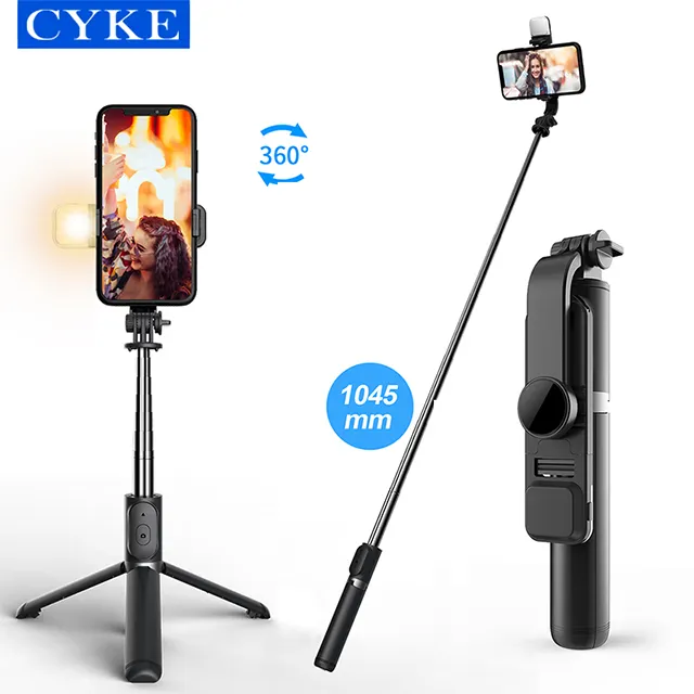 CYKE Q02s Handy Selfie Stick Bluetooth Trépied sans fil avec lumière de beauté 3 en 1 Support de support de téléphone extensible Fill Light Remote