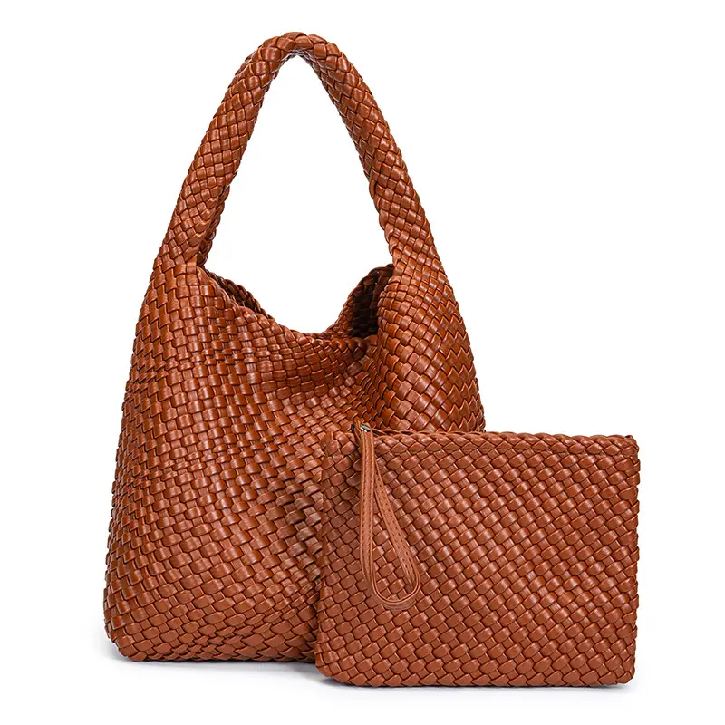 Custom women's woven Leather Hand bag Luxury Large 2 piece set Leisure Versatile tote beach bag with wallet bolsas feminina