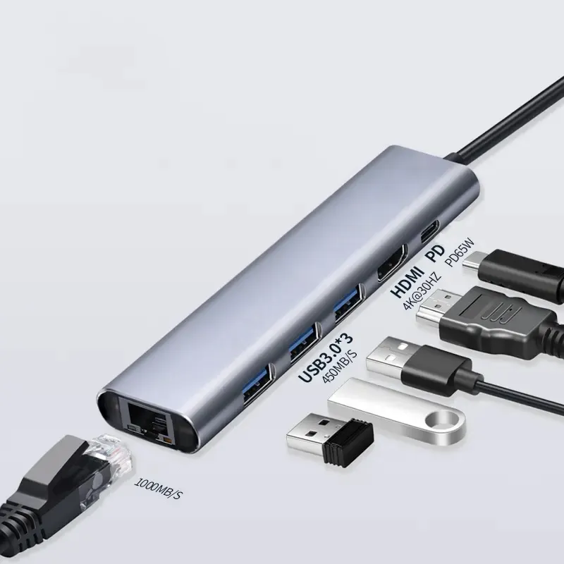 USB Hub 6 em 1 Splitter Thunderbolt 3 4K H DMI Adaptador USB Portas Ethernet 65W PD Carregador Tipo C Hub Dongle