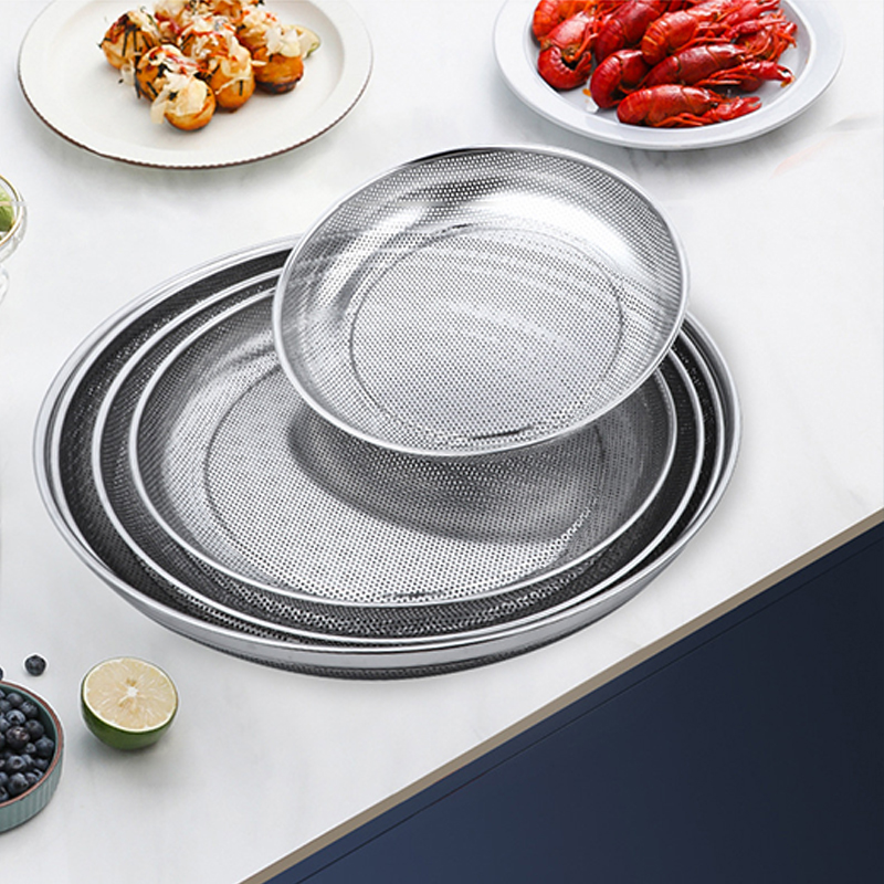 Round Steam Food Tray Multi-purpose Kitchenware Stainless Steel Flat Tray With Dense Holes