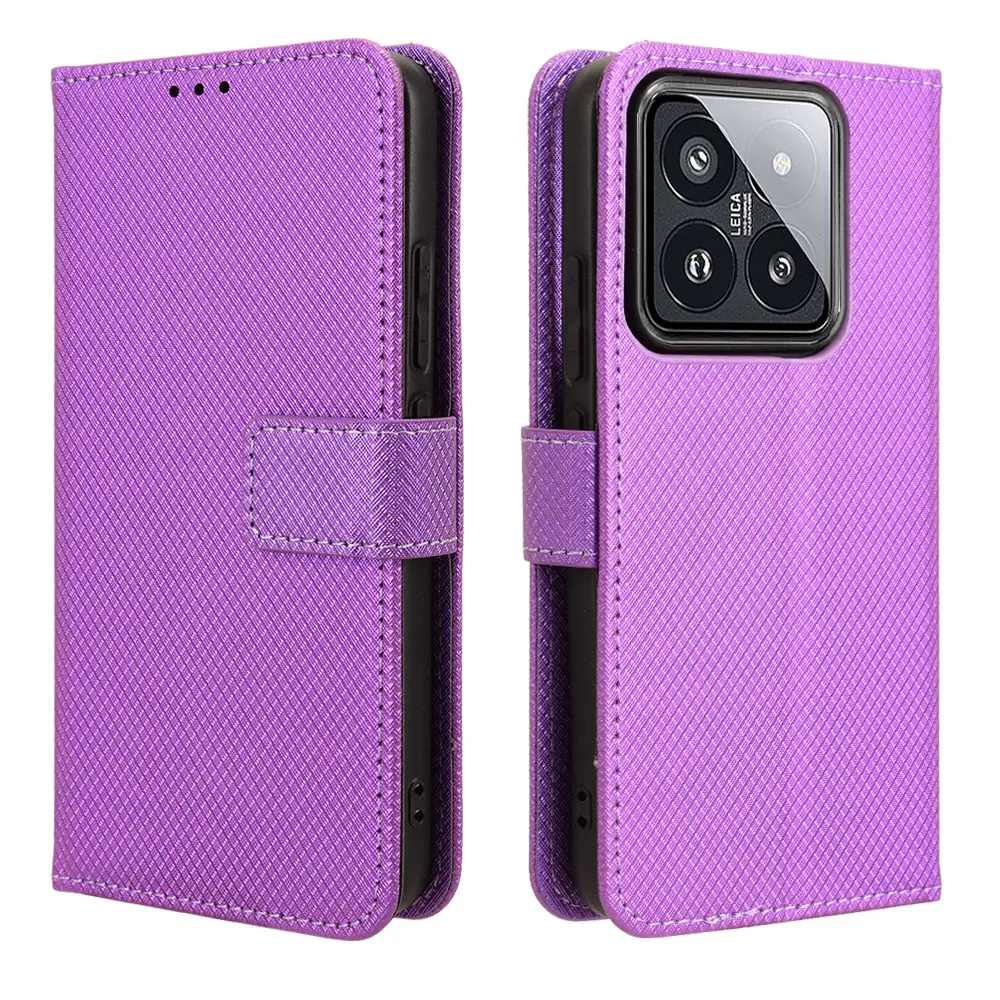 Capa de telefone flip de couro PU para Xiaomi 14 carteira luxuosa com padrão de diamante