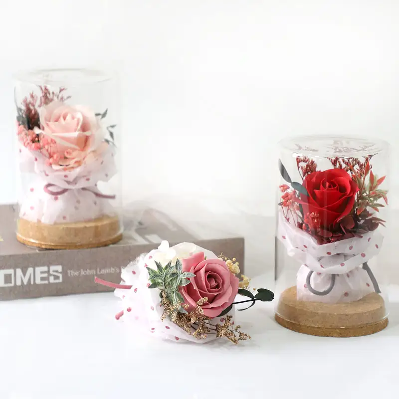 Mini jabón Rosa Artificial hecho a mano, ramo de flores secas en cúpula de cristal, regalo de fábrica, venta al por mayor