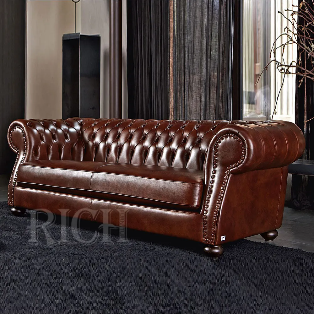 Reddish brown americano divano in pelle set di puro divano in pelle set for living room retro 3 posti di cuoio DELL'UNITÀ di elaborazione divano chesterfield set