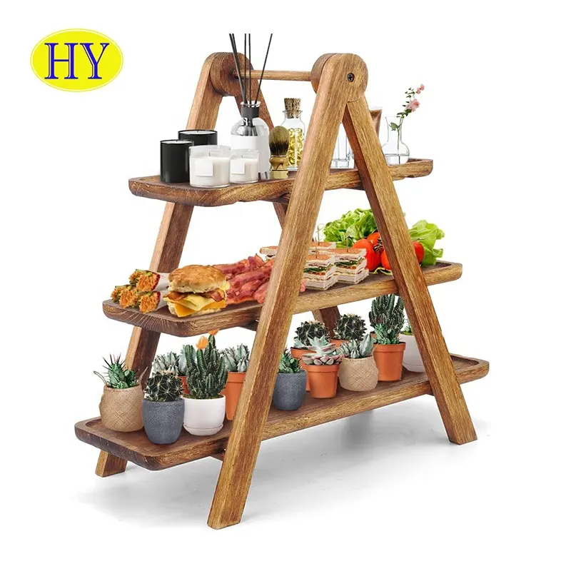 Tùy chỉnh mộc mạc Gỗ keo phục vụ khay chưa hoàn thành 3 Tier snack ăn sáng tráng miệng hình chữ nhật bằng gỗ thang khay với xử lý