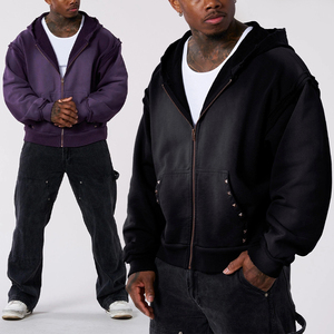 Tùy Chỉnh Thời Trang Đường Phố Của Nam Giới Zip up Đinh Tán Hoodie Axit Rửa Sạch Sơn Splatter Xếp Khâu Áo Dày Pháp Terry - Product Image 1