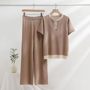 Ekip boyun kısa kollu gevşek kazak renk engelleme örgü Women kadınlar için iki parçalı eşleştirme kıyafetler - Product Image 5