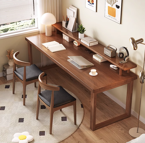 Pure Solid Wood Double <strong>Desk</strong> with Bookshelf <strong>Simple</strong> <strong>Computer</strong> <strong>Desk</strong> Against the Wall Workbench - Product Image 1
