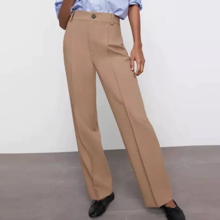 Kadınlar yüksek bel pantolon yan cepler düz bayan ofis giymek düz Vintage düz renk pamuk seksi kalem pantolon