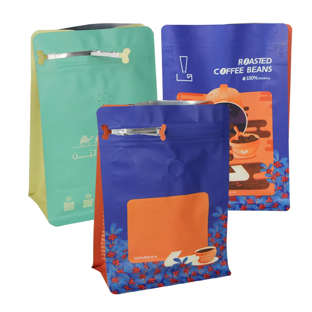 Sac à valve d'air en papier Kraft à huit bords, sac à poudre de café à fermeture éclair facile à déchirer sac à fermeture à glissière en aluminium alimentaire