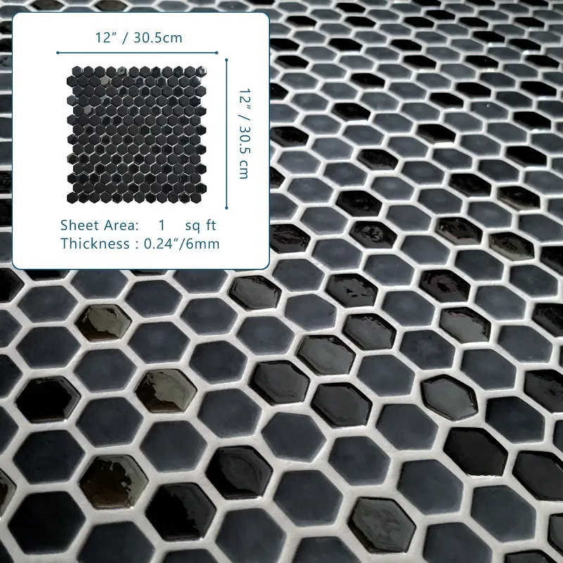 Sunwings Recycled Glass Mosaic Tile | Stock in US | Black Hexagon Irridiscent Mosaics Wall And Floor Tile