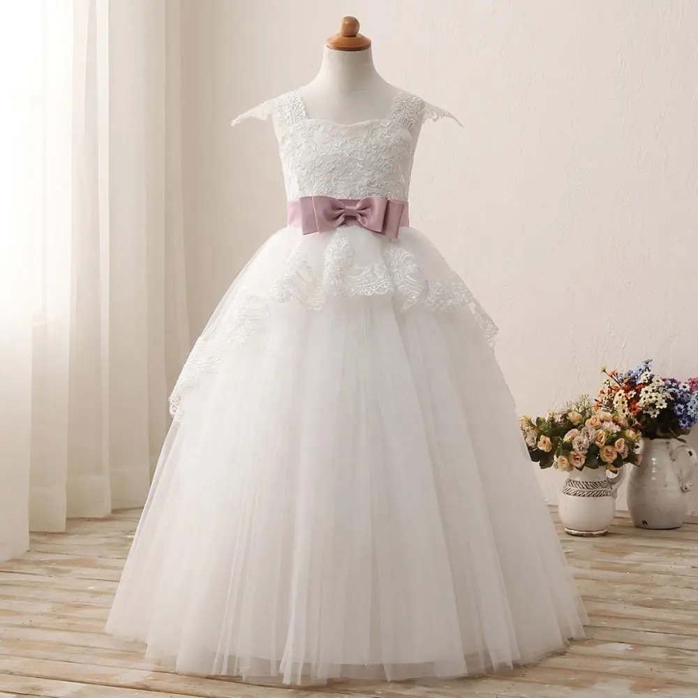 Branco 2019 menina vestido de tule padrão de flor