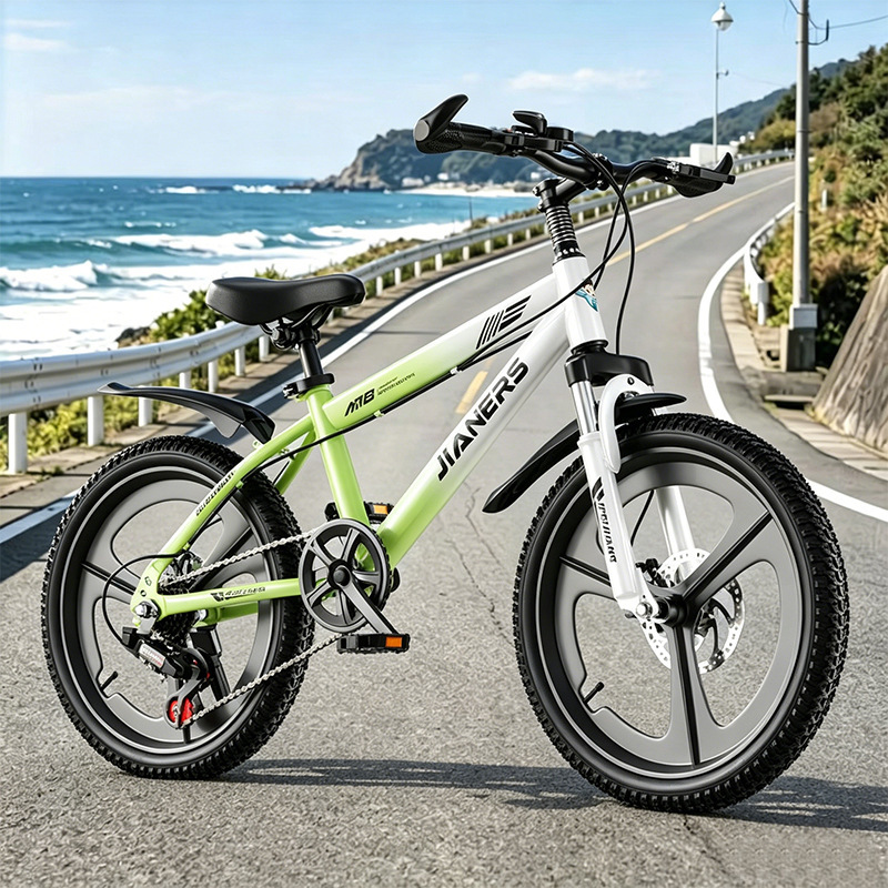 Gradient mint green, variable-speed wheel, disc brakes, shock ab