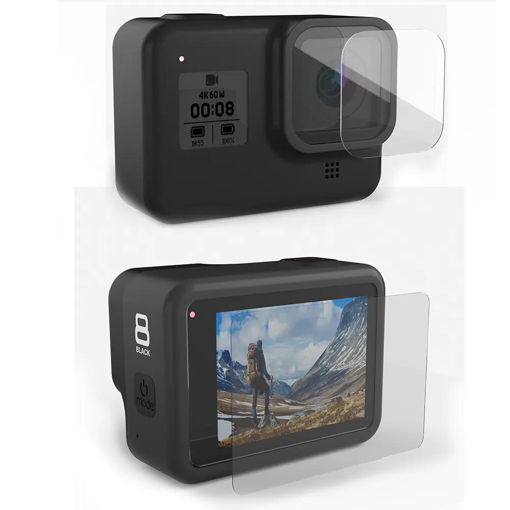 Gopro 영웅을위한 스크린 필름 8 블랙 강화 유리 렌즈 + LCD 화면 보호기 수호자 액션 카메라