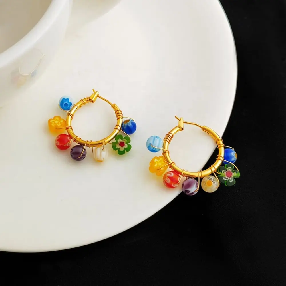 뜨거운 판매 개인화 된 귀여운 무지개 무라노 유리 페르시 후프 귀걸이 후프 매력 보헤미안 귀걸이 여름을위한 다채로운 귀걸이