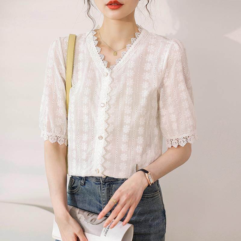 Blusa Estampada Blusas De Blonda Manga Corta Blusas En Blonda