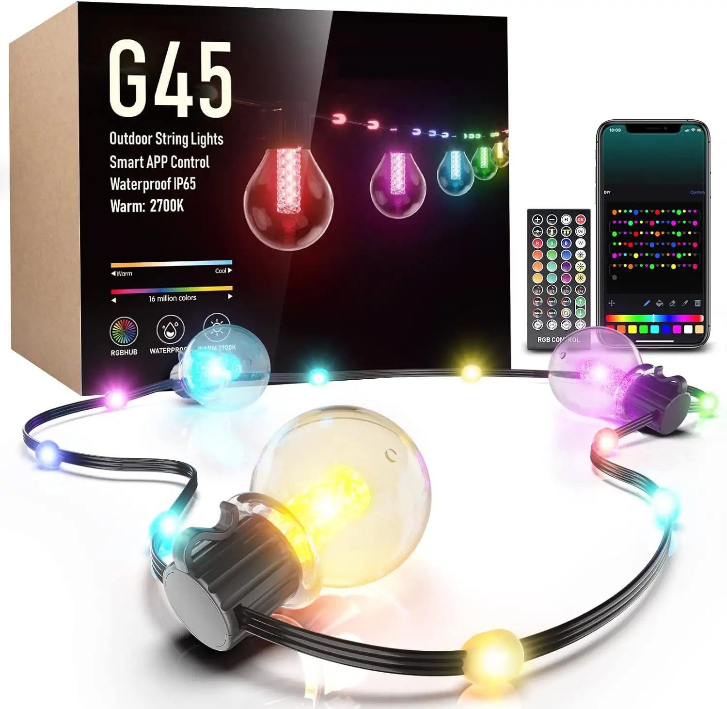 Умная наружная струнная подсветка, меняющая цвет, управление приложением, синхронизация 50 футов 15 м с музыкой, светодиодная подсветка RGB G45, патио