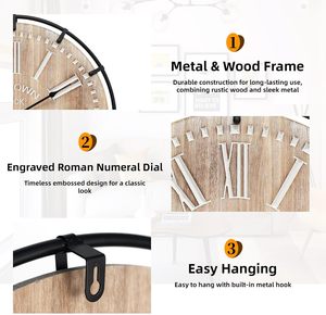 Boerderij Wandklok Huis Keuken Decoratieve Metalen Cirkel Cijfers Batterij Aangedreven Gegraveerd Hout Ontwerp - Product Image 4