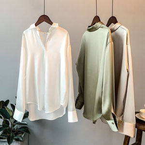 Women Button up Satin <strong>White</strong> Shirt Tops Lady High Quality Long Sleeve Office V Neck Satin <strong>Blouse</strong> Vintage Turn-down Collar <strong>Blouse</strong>