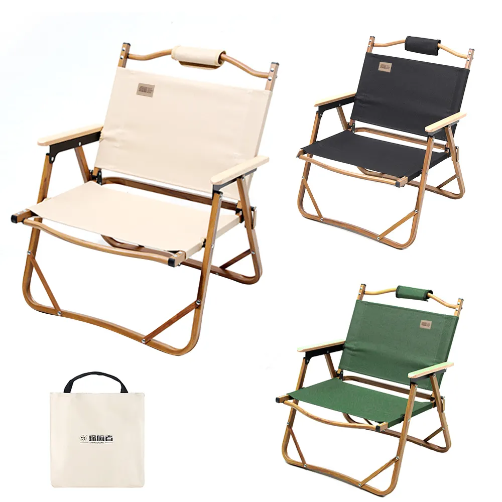 Chaise pliante de Camping mobilier d'extérieur Portable, chaise de pique-nique Kermit en alliage d'aluminium avec accoudoir en bois pour voyage plage pêche