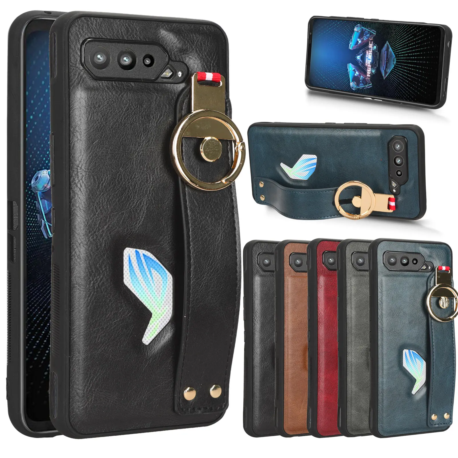 Casing pelindung ponsel kulit PU multifungsi dengan tali pergelangan tangan untuk Asus ROG Phone5 (ROG5) ZS673KS casing penutup belakang kulit