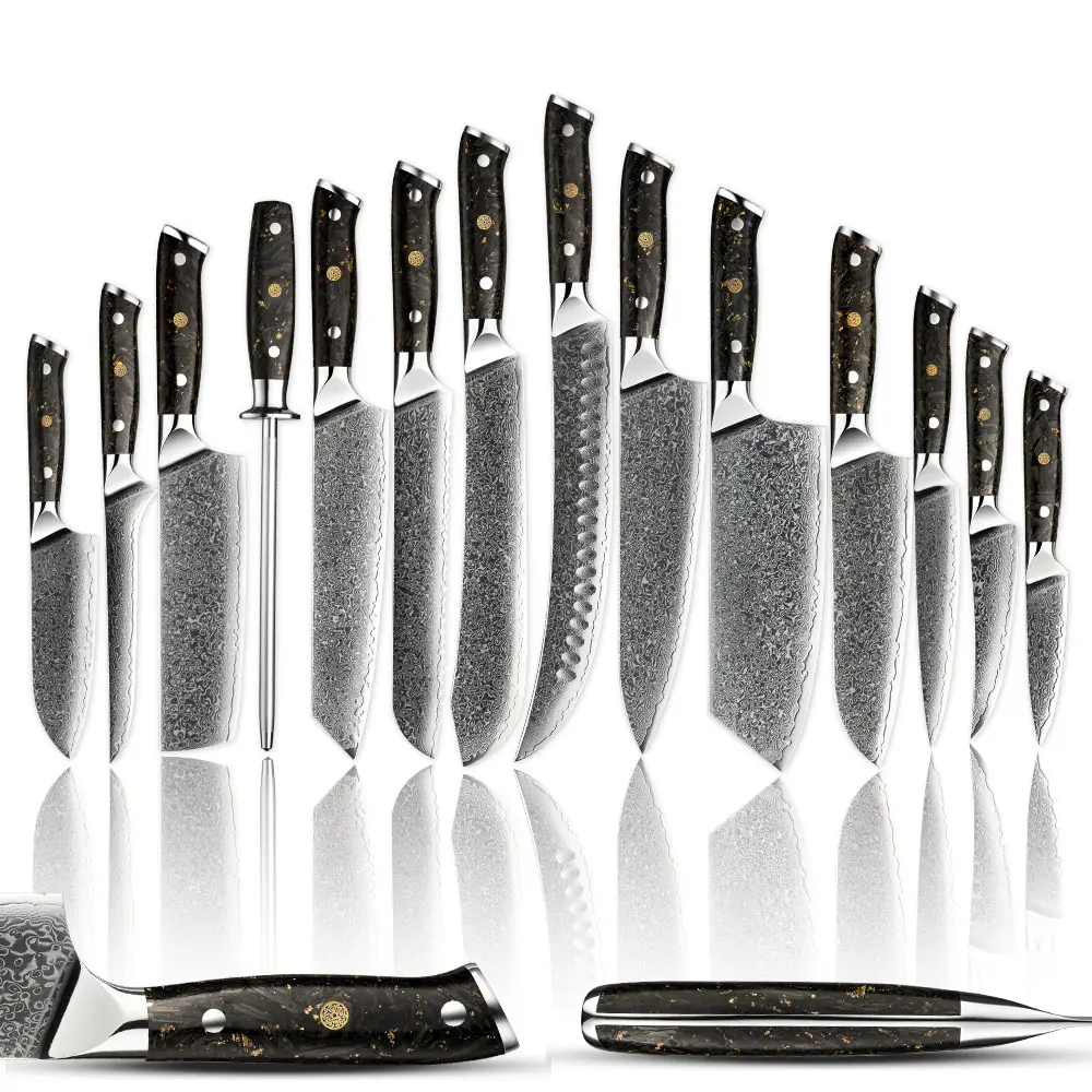 Hổ phách chuyên nghiệp sợi Carbon xử lý 67 lớp VG10 Damascus thép bánh mì gọt boning butcher Cleaver Knife Set với Mài