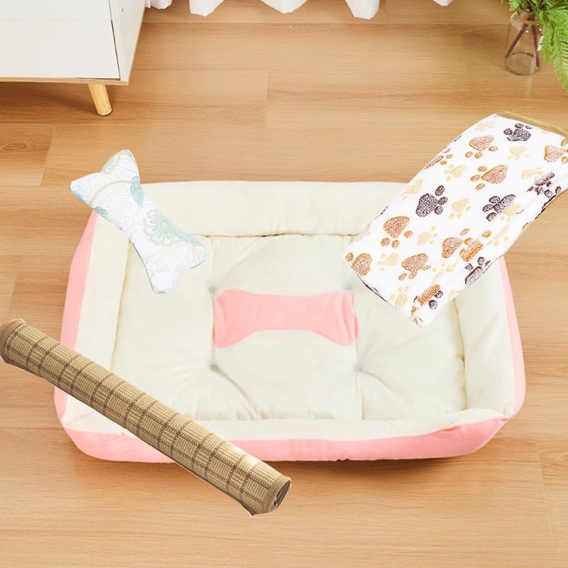 Light pink blanket, mat, and bone