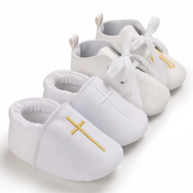 Scarpe da chiesa all'ingrosso bianco morbido croce battesimo accessori neonato scarpe da passeggio neonato ragazzo ragazza scarpe da culla