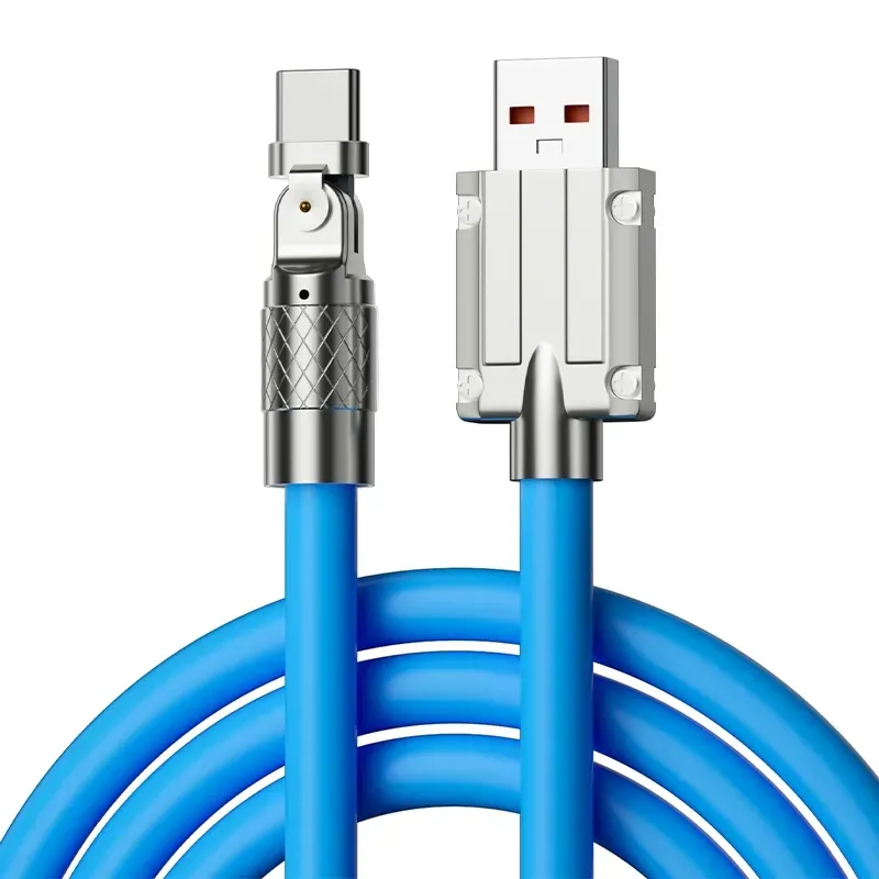 Kabel pengisi daya USB C silikon lembut USBA kustom paduan seng konektor rotasi 180 derajat dengan lampu indikator