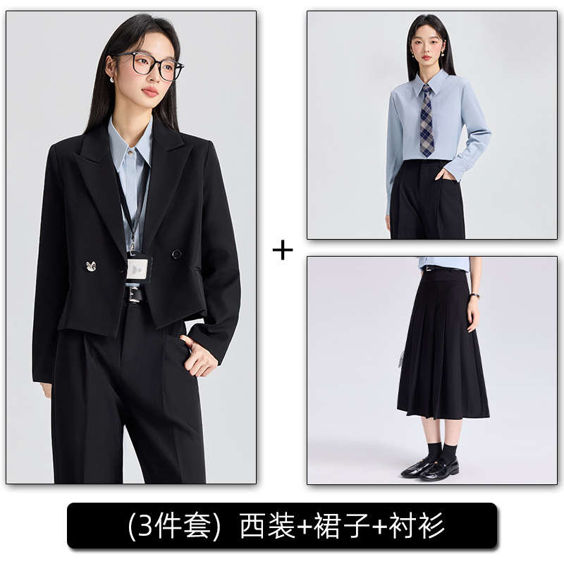 Black suit with blue shirt and skirt