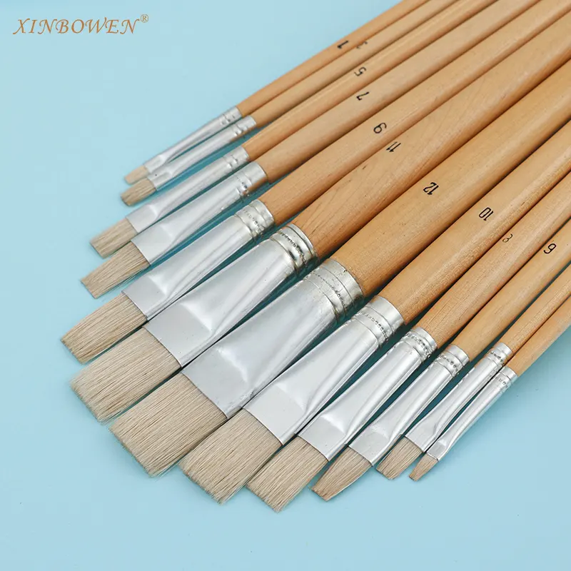 Прямая поставка с завода Xin Bowen, Высококачественная натуральная щетина, плоская деревянная ручка, различные размеры, набор кистей для рисования маслом