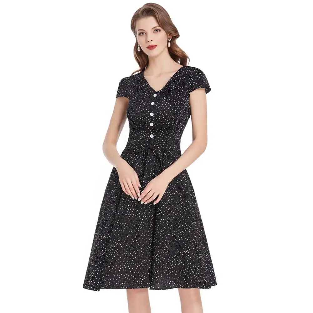 BPE02002 BP Nữ Polka Dots Dress Cap Tay Áo V-cổ Thắt Lưng Trang Trí A-Line 50S Retro Dresses