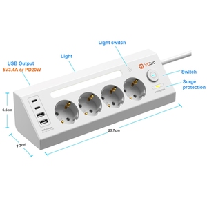 Presa da tavolo a 4 vie con presa a parete USB C con presa multipla con interruttore con protezione contro le sovratensioni Hotsell - Product Image 6