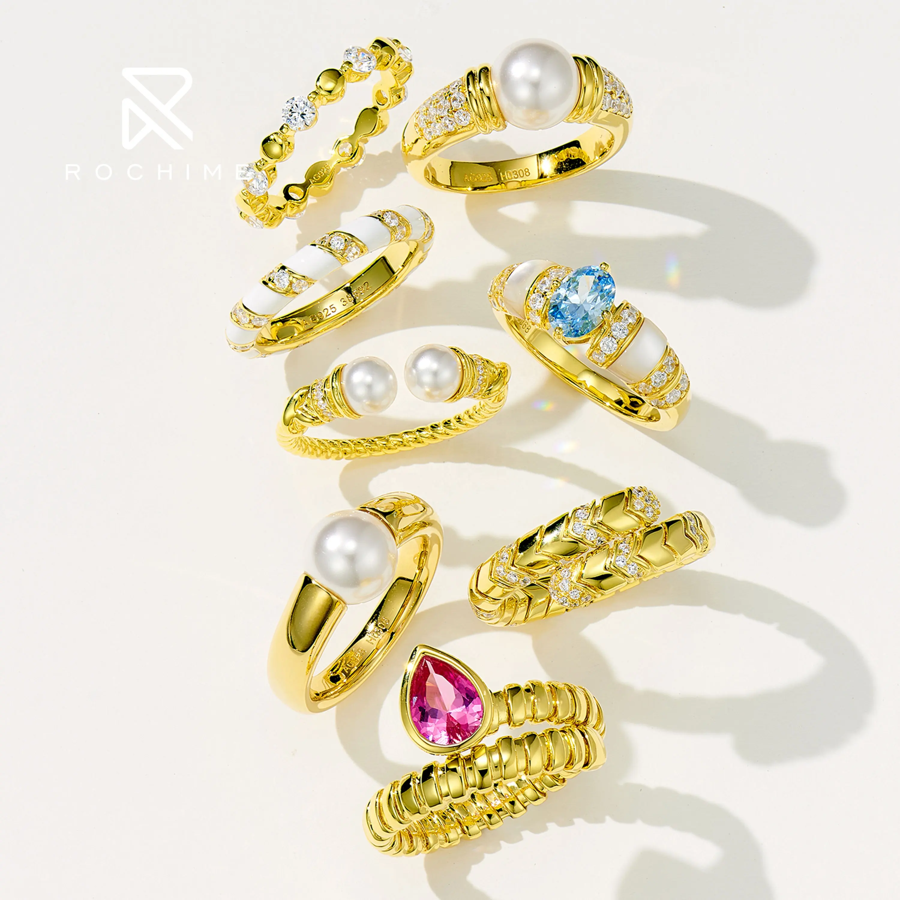 Rochime vintage luxo anel 925 prata esterlina ouro amarelo chapeado pérola gemstone moda jóias para as mulheres