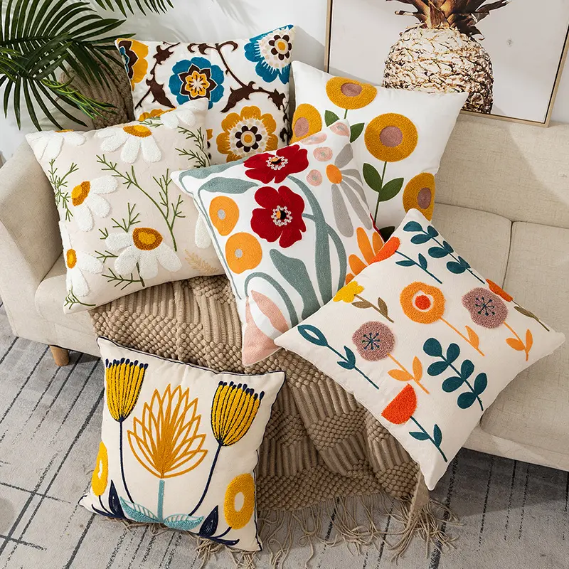 Fundas de almohada con patrón de flores bordadas de algodón de alta calidad, Fundas de cojín de sofá cuadradas de diseño Simple bohemio, funda de almohada