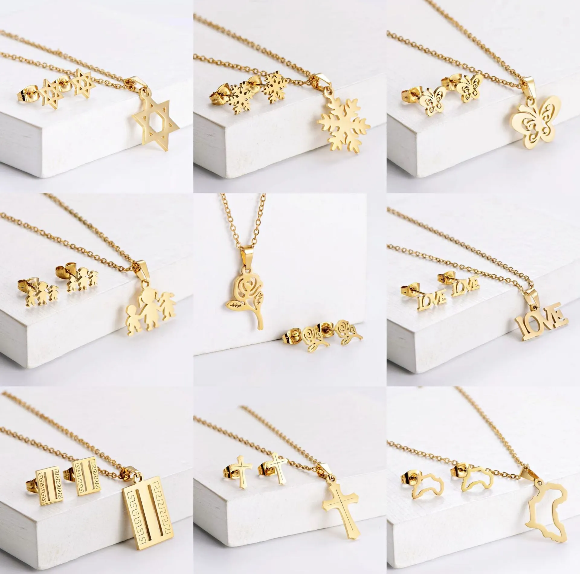 2023 stainless steel fashion jewelry set minimalist 18k gold heart butterfly chokers necklaces and earrings set for gift