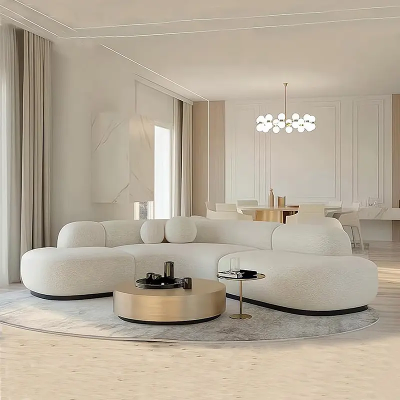 ปรับแต่งผ้าโซฟารอบห้องนั่งเล่นชุดโซฟาสีขาวการออกแบบใหม่โค้ง6ที่นั่งโซฟาขนาดใหญ่