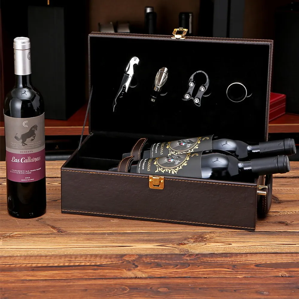 Bestseller 750ml Rhomboid Pu Leder Weinflaschen box und Wein zubehör Geschenkset Rotwein Doppel box