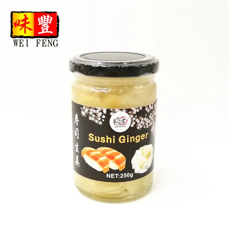중국 브랜드 공급 업체 도매 가격 병 일본 가리 노란색 250g 유리 항아리 슬라이스 초밥 생강 절인