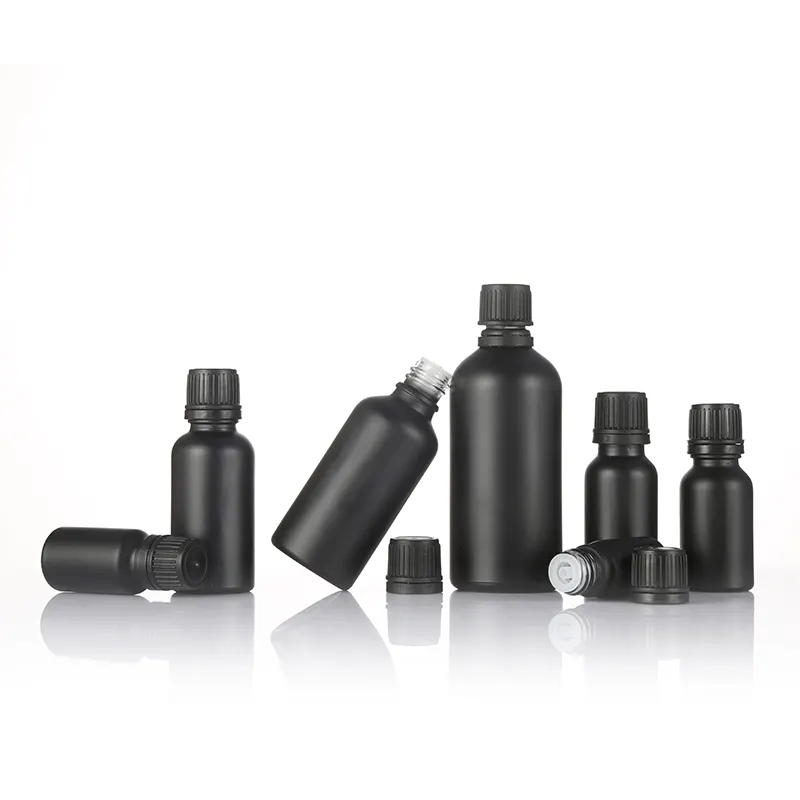 Botella de vidrio negro mate, cuentagotas de bambú para el cuidado Personal de la piel, 10 ml