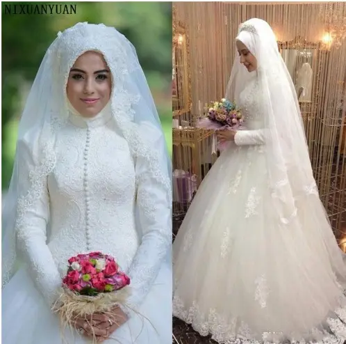 Anno nuziale nuova estate pizzo a maniche lunghe treno moda matrimonio abito da sposa musulmano bianco