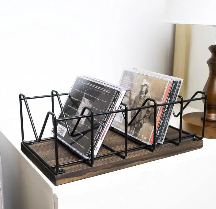 Wood Vinyl Record Storage Display Shelf Burnt Wood And Matte Black Metal CD Storage Rack