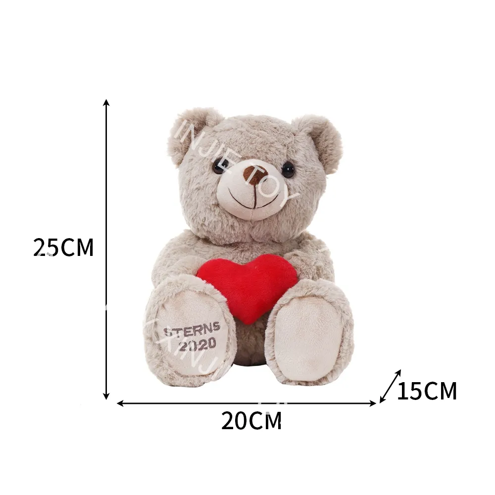Peluche personalizado de San Valentín, oso de peluche con corazón rojo bordado, logo, 25cm, oso de peluche marrón sentado
