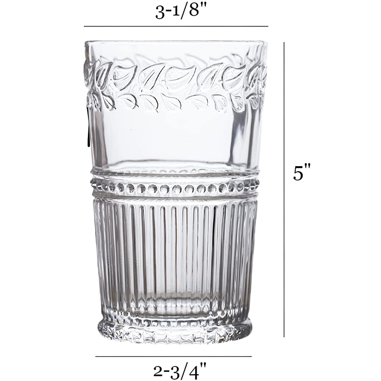 Wholesale Stocked Pressed Thick Retro Embossed Drinking Glass Cups for Kitchen Daily Use
