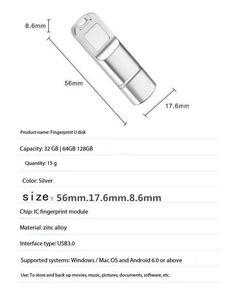 Dual-Purpose 64GB USB 3.0 Type-C Interface <strong>Memory</strong> Disk Fingerprint <strong>Encryption</strong> <strong>Flash</strong> Drive Pen for Computer Mobile Phone Metal - Product Image 4