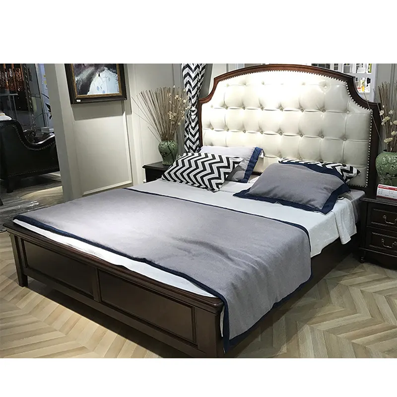 American Style Modern Luxury King Bed Design Solid Wood Leather Bed Hotel Bedroom Furniture Sets